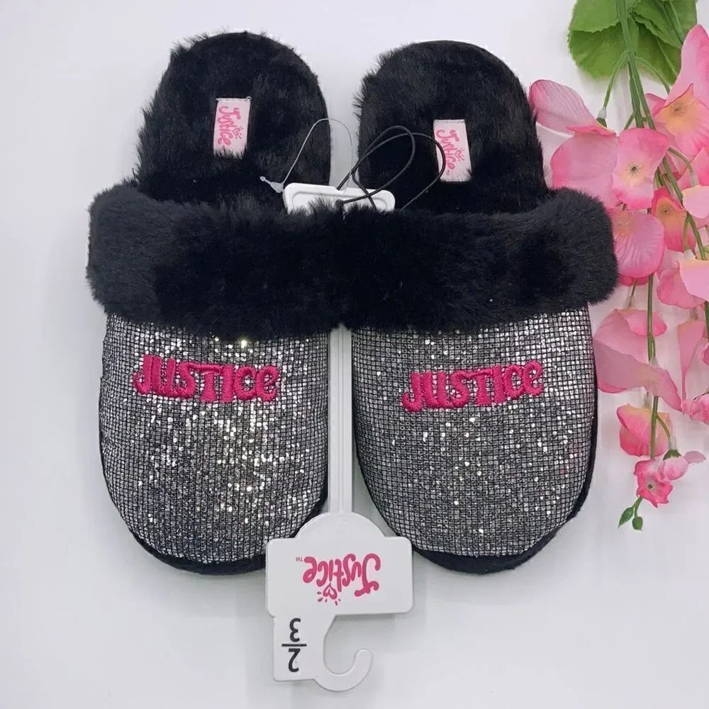 Justice Girls Graphic Slip On Sparkling Scuff Slippers Shoes Size 2/3